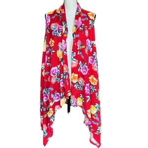 Crepas Red Floral‎ Sleeveless Cardigan Sz 3XL